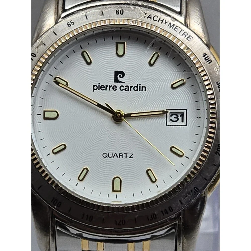 Pierre Cardin Mens Tachymeter Date 41mm Watch Two Tone Silver Gold New Battery